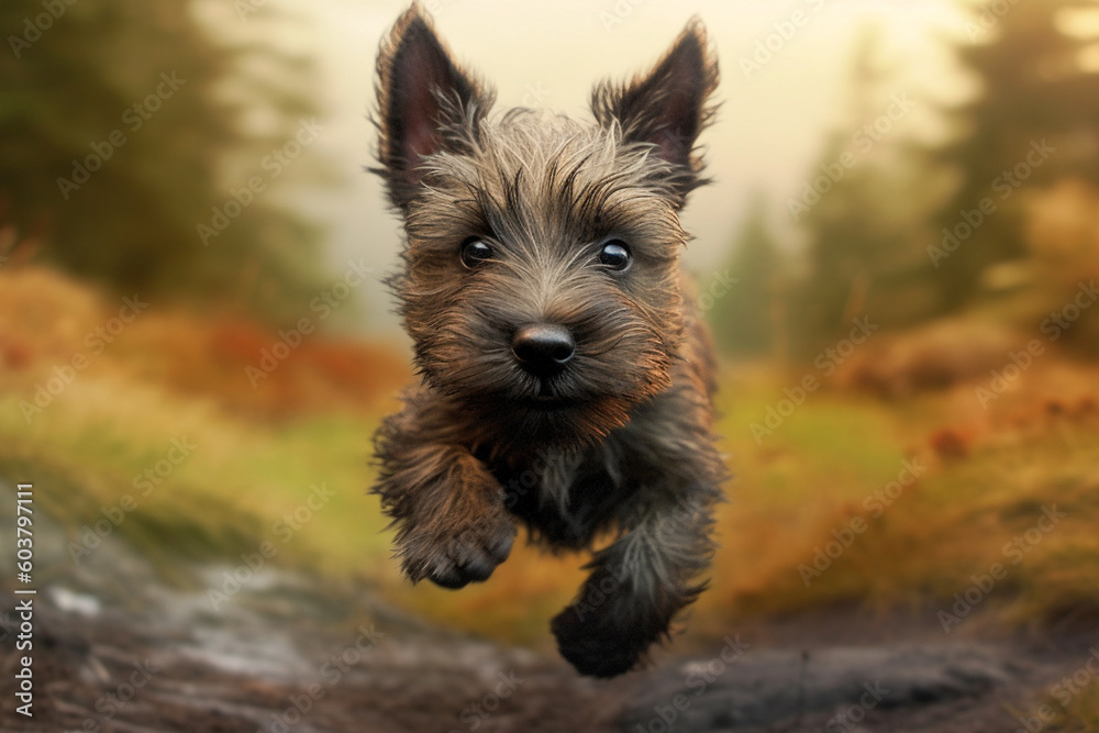 cairn terrier puppy running towards the camera - obrazy, fototapety, plakaty 