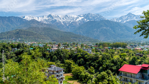 Aerial view of Dharamshala of Himachal Pradesh surrounded by cedar forests and Dhauladhar mountain range