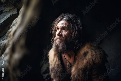 Portrait of prehistoric man in cave. Face of Neanderthal caveman with beard. Ancestor of mankind. Created with Generative AI