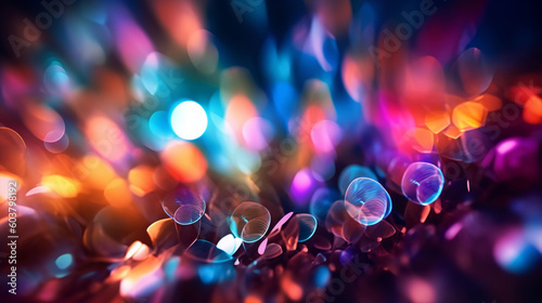 An abstract colourful neon bokeh lights background with light glints. A.I. generated.