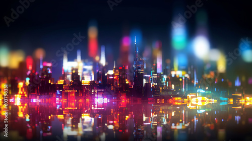 An abstract colorful neon night time city skyline lights background with lines and bokeh. A.I. generated.