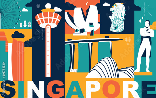 Typography word Singapore branding technology concept. Collection of flat vector web icons. Asian culture travel set, architectures, specialties detailed silhouette. Doodle Malaysia famous landmarks.