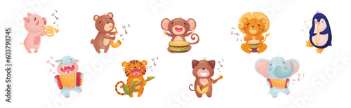 Cute Animal Character Playing Musical Instruments Performing Concert Vector Set