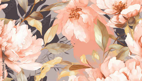 Delicate floral watercolor pattern for textiles and backgrounds, watercolor peonies flowers and green leaves, soft colors, boho style on a light background, floristic vintage