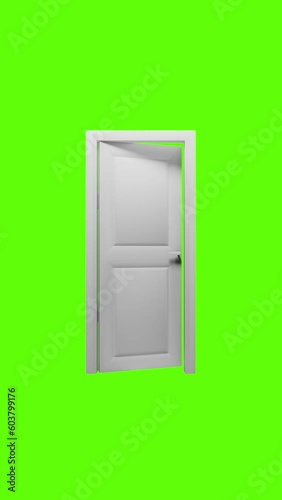 white wall and floor scene with door in the middle, door open, camera zoom to the door, vertical