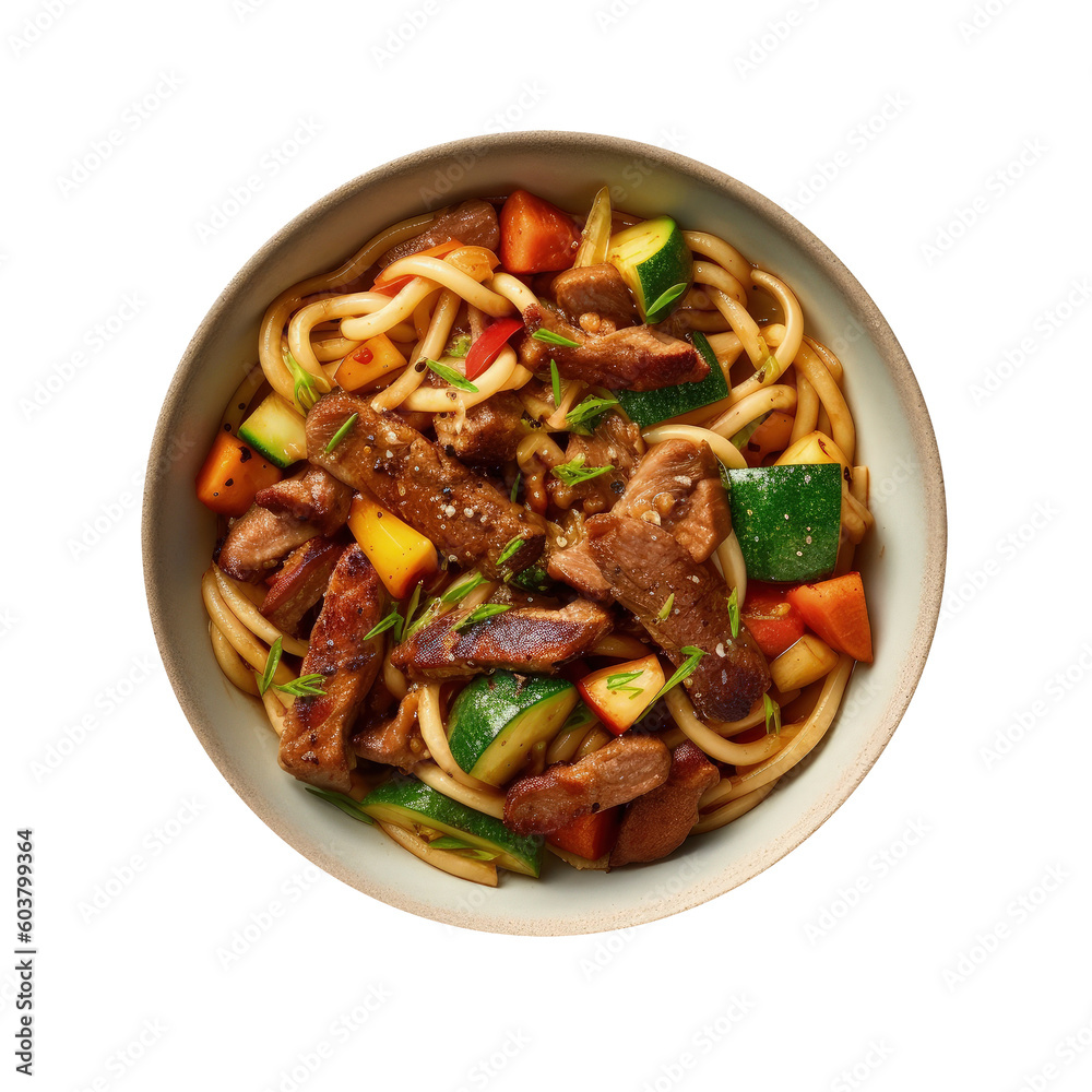 Noodles with meat and vegetables isolated Illustration AI Generative. Noodles with meat and vegetables isolated Illustration AI Generative.