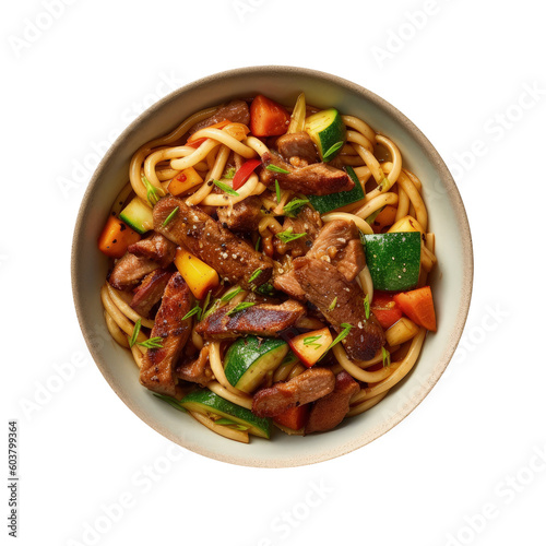 Noodles with meat and vegetables isolated Illustration AI Generative.
