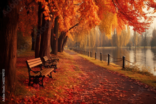 Empty bench in autumn park, fall landscape, AI Generated