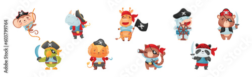 Cute Little Animal Pirate in Corsair Hat and Bandana Vector Set