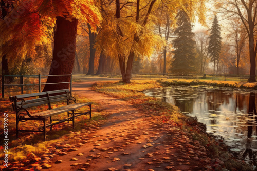 Empty bench in autumn park  fall landscape  AI Generated