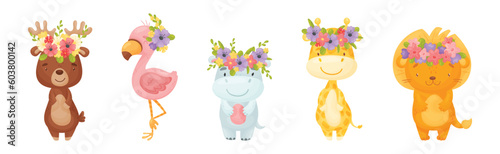 Cute Animals with Flower Wreath and Adornment on Their Head Vector Set
