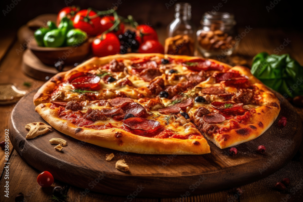 Hot tasty traditional pepperoni italian pizza with salami, olives, cheese and tomatoes on wooden table decorated with vegetables and spices, AI Generated