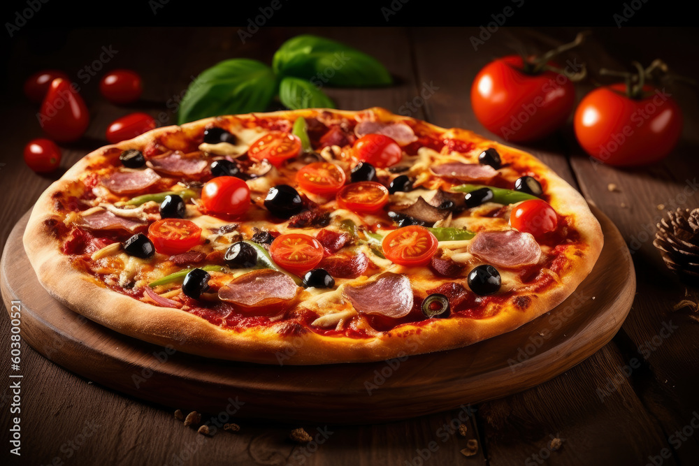 Hot tasty traditional italian pizza with salami, olives, cheese, tomatoes, mushrooms and jalapeno pepper on wooden table decorated with vegetables and spices, AI Generated