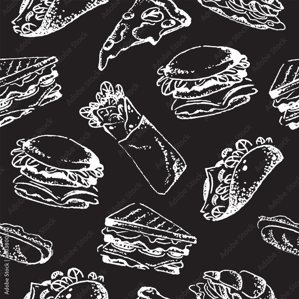 Street fast food seamless pattern. Sweet desserts, snacks, takeaway eating. Burger, pizza, sandwich, croissant with fillings. Flat  outline, line art vector illustrations isolated on white background