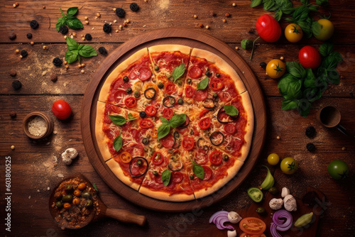Hot tasty traditional pepperoni italian pizza with salami, olives, cheese, tomatoes and basil on wooden table decorated with vegetables and spices, AI Generated