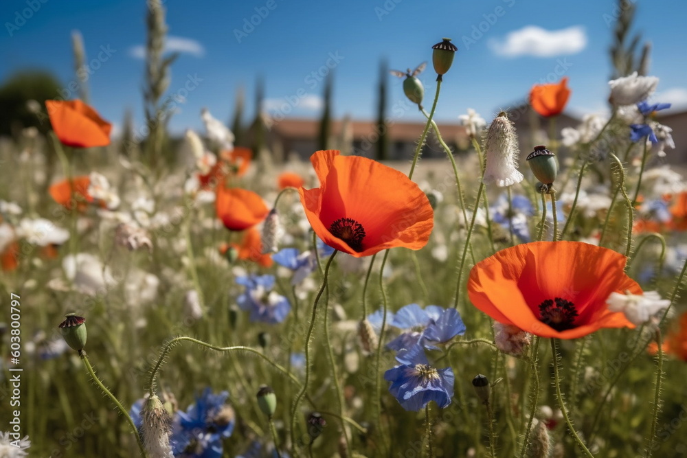 Obraz premium wild flower blooming field of cornflowers and daisies flowers ,poppy flowers, blue sunny sky ,butterfly and bee on flowers summer landscap,generated ai