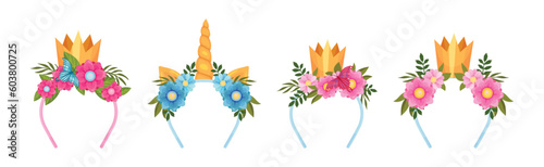 Hair Band and Headband with Decorative Flower, Horn and Crown Vector Set