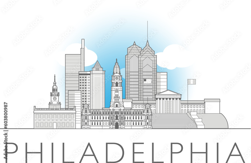 Philadelphia cityscape line art style vector illustration