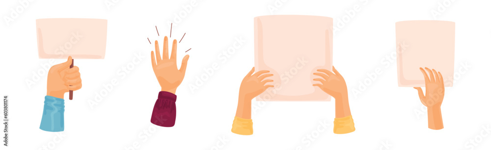 Raised Up Protester Arm with Banner in Hand Vector Set