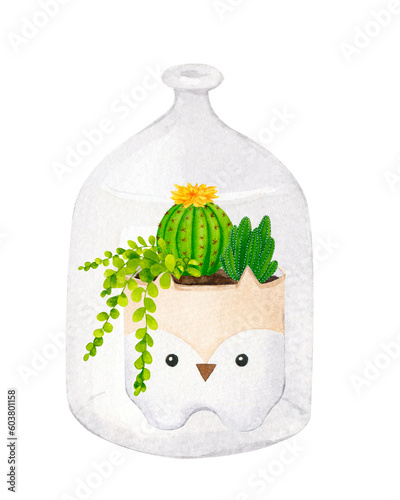 Cacti and succulents in a ceramic pot in the form of a cute owl. Green indoor plants. Boho, scandinavian style. Watercolor clipart for design of cards, logos, stationery, print, fabric, home textile.. photo