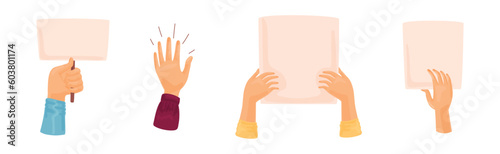 Raised Up Protester Arm with Banner in Hand Vector Set