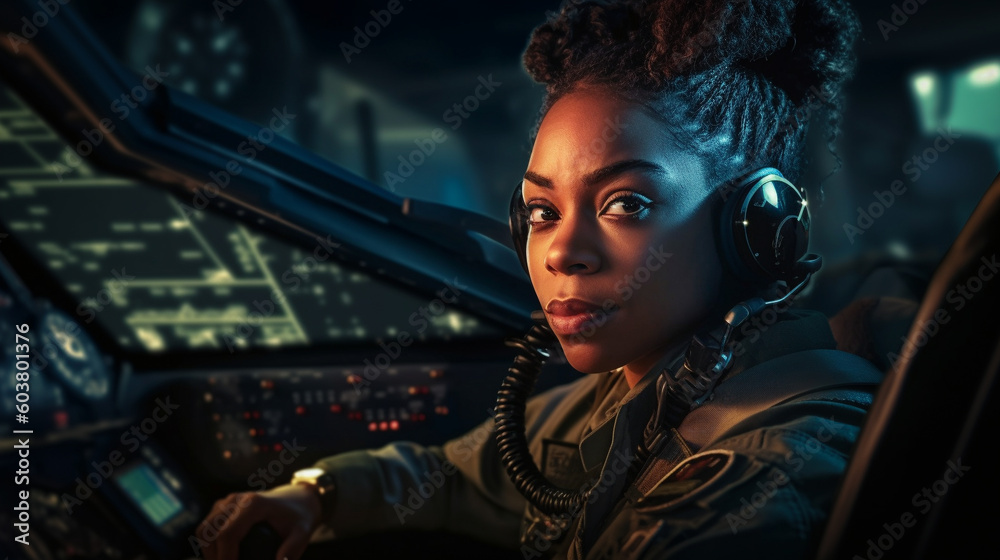 Proud African American Female Air Force Fighter Pilot In The Cockpit of Her Fighter Jet - Generative AI. Proud African American Female Air Force Fighter Pilot In The Cockpit of Her Fighter Jet - Generative AI.