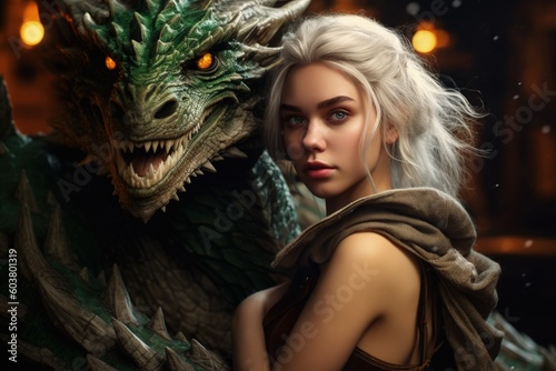 Beautiful girl, mother of dragons, with her dragon, generative ai © Gizmo