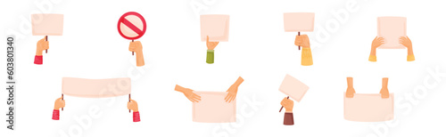 Raised Up Protester Arm with Banner in Hand Vector Set
