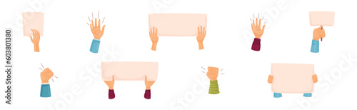 Raised Up Protester Arm with Banner in Hand Vector Set