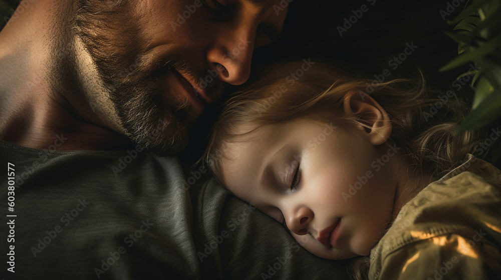 Peaceful Child Sleeps on His Father's Chest - Generative AI.