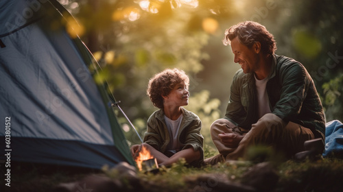 Father and Son Enjoying Their Campsite with Their Tent and Campfire Together - Generative AI.