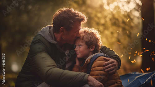 Touching Moment of A Father Hugging His Son At Their Campsite - Generative AI. photo