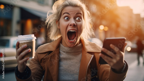 Delightedly Surprised or Horrified Young Adult Female Holding Her Coffee Cup and Cell Phone Walking Outside - Generative AI. photo