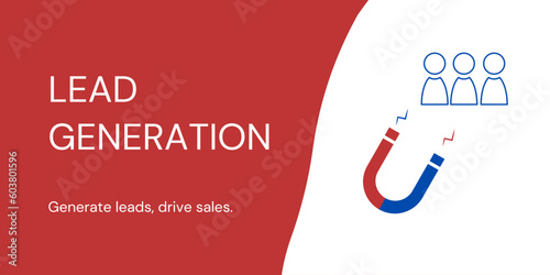 Lead Generation Banner on White and Red Background. Stylish Banner with White Text and Colored Magnet Icon for Business and Marketing