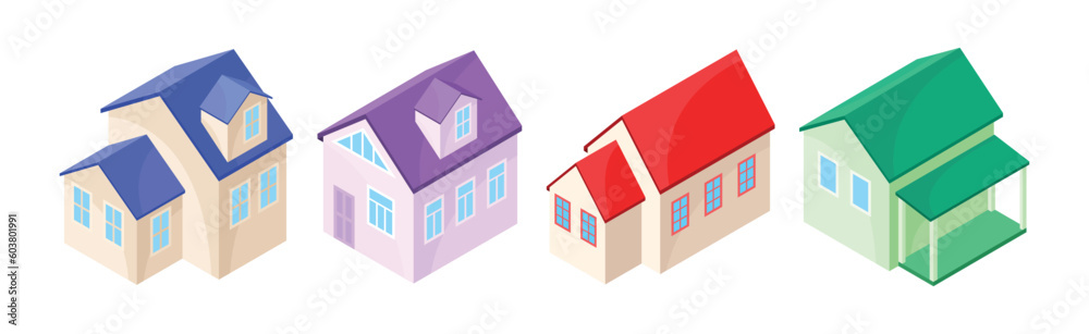 Detached House or Residence as Free-standing Building Isometric Vector Set Detached House or Residence as Free-standing Building Isometric Vector Set