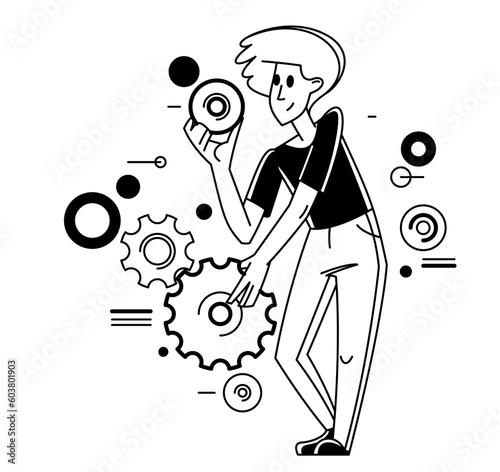 Mechanic engineer working on a draft plan vector illustration, inventor or repair job, engineering machine industry, system technician.