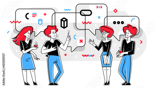 Team of young people having a discussion about solving some problems in work, brainstorm about new creative ideas, vector outline illustration.