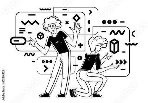 Creative workers doing some job and creating some system, inspired inventive designers or engineers composing abstract elements, vector outline illustration.