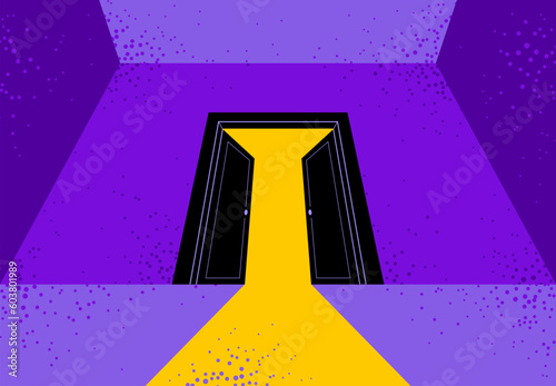 Half open secret door new opportunities concept vector illustration, fear of the unknown, step inside the light from the dark, what is behind, what is there.