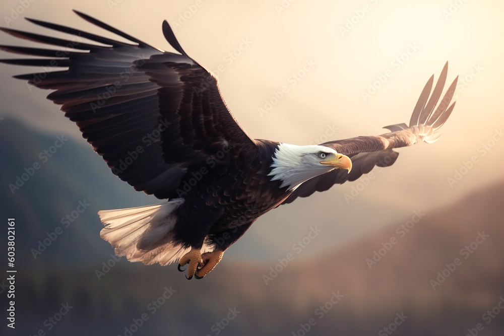 Majestic bald eagle flying in the clouds on mountain peaks covered with forests. Bald eagle soaring in the sky. Generative AI Majestic bald eagle flying in the clouds on mountain peaks covered with forests. Bald eagle soaring in the sky. Generative AI