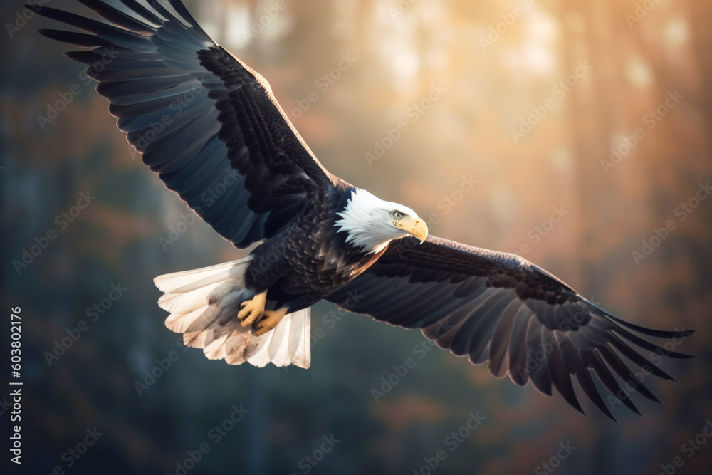 Fototapeta premium Majestic bald eagle flying in the clouds on mountain peaks covered with forests. Bald eagle soaring in the sky. Generative AI