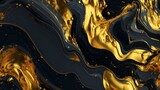 Liquid black marble with gold textures. Luxury pattern, golden, fluid illustration. Abstract melted, golden, texture. 3D illustration, render. background, fashion, luxurious, wallpaper, generative AI