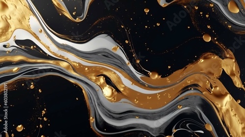 Liquid black marble with gold textures. Luxury pattern, golden, fluid illustration. Abstract melted, golden, texture. 3D illustration, render. background, fashion, luxurious, wallpaper, generative AI