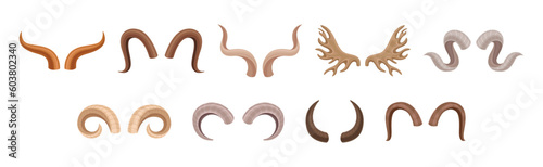 Different Horns as Pointed, Bony Animal Head Part Vector Set