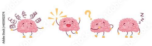 Funny Pink Brain with Arms and Legs Vector Set