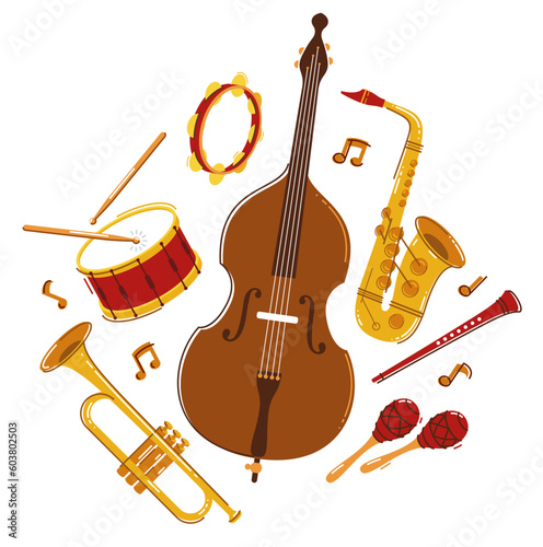 Jazz music band concept different instruments vector flat illustration isolated on white background, live sound festival or concert, musician different instruments set.