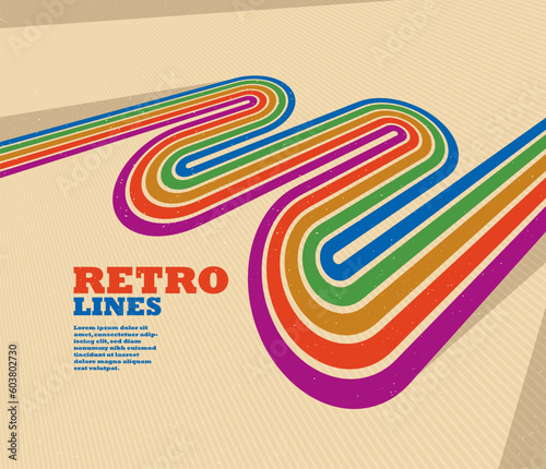 Retro lines vector abstract background, 3D dimensional perspective vintage graphic design art poster, wallpaper in a style of seventieth.