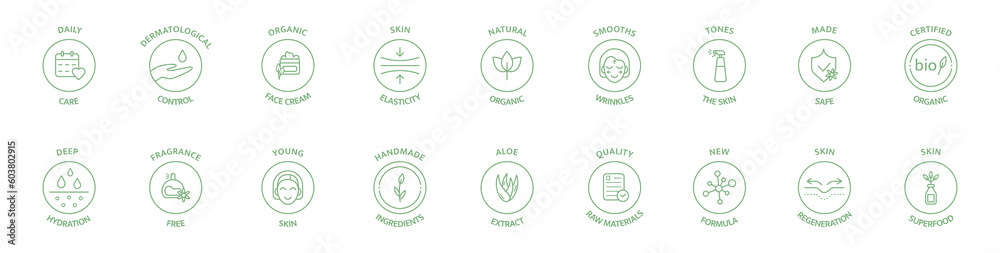Cosmetic line icon set. Natural organic cosmetic. Bio product sticker. Skin superfood. Certified organic. GMO free. Product free allergen label. Dermatological control. Vegan. Vector illustration