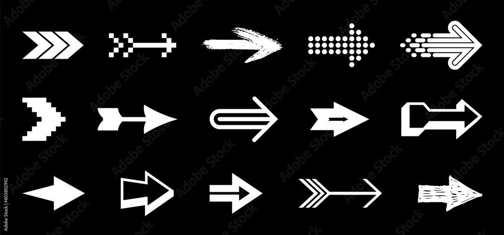 Diverse arrow cursors vector set, different shapes styles and concepts arrows single color monochrome graphic design elements for icons or logos. Diverse arrow cursors vector set, different shapes styles and concepts arrows single color monochrome graphic design elements for icons or logos.