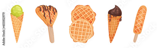 Waffle as Sweet Dish from Leavened Batter or Dough Vector Set